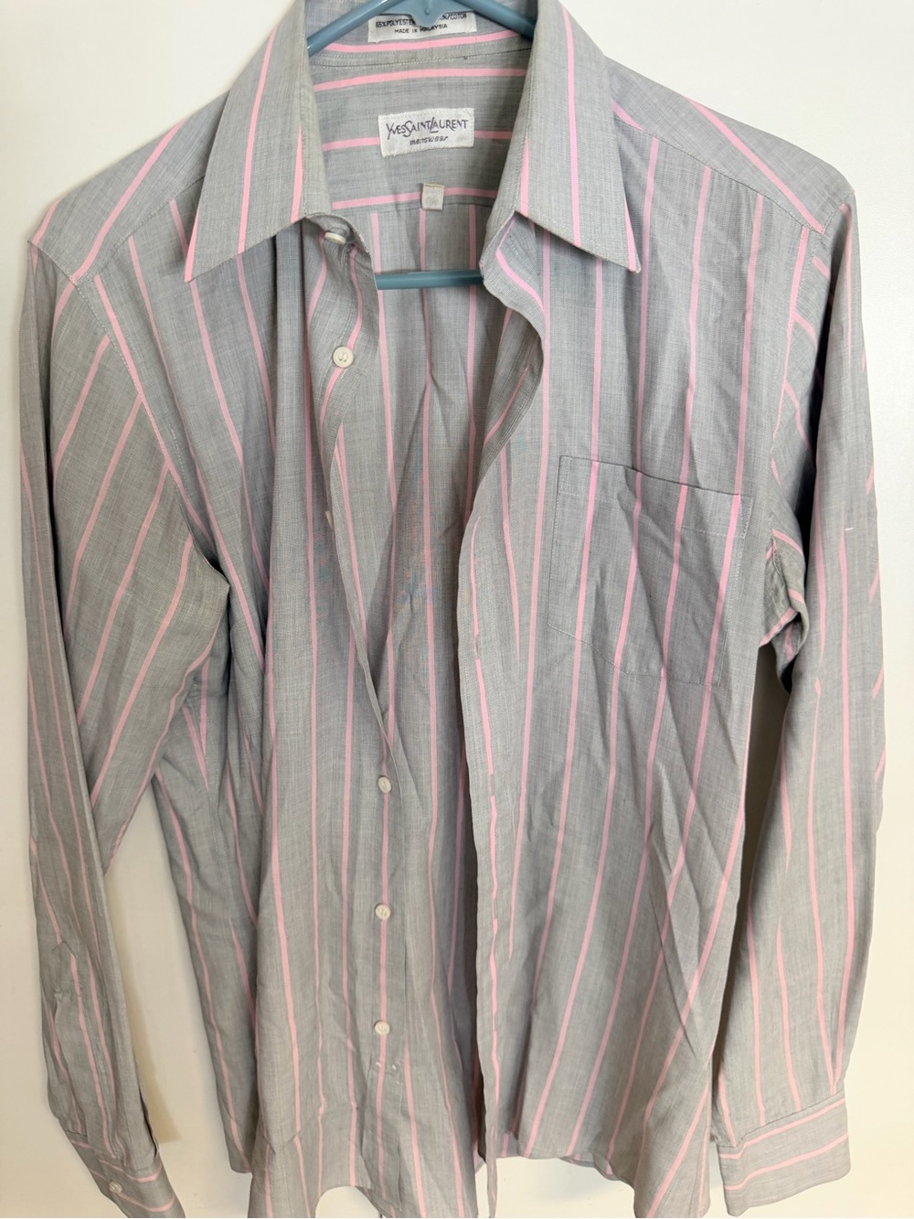 Yves Saint Laurent Gray Shirt with Pink Vertical Stripes